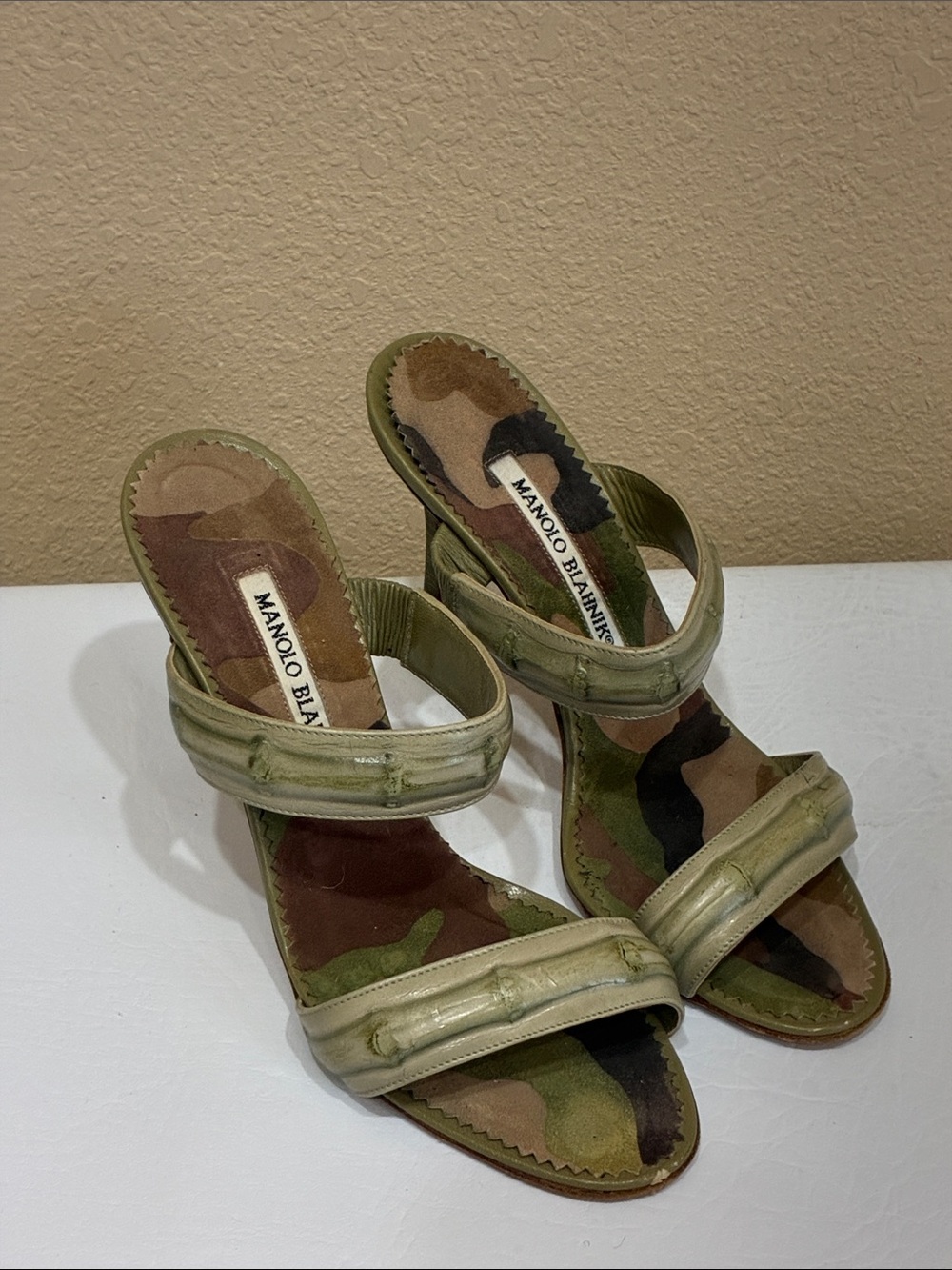 Manolo Blahnik Olive Green Slide Sandals with Camo Insole